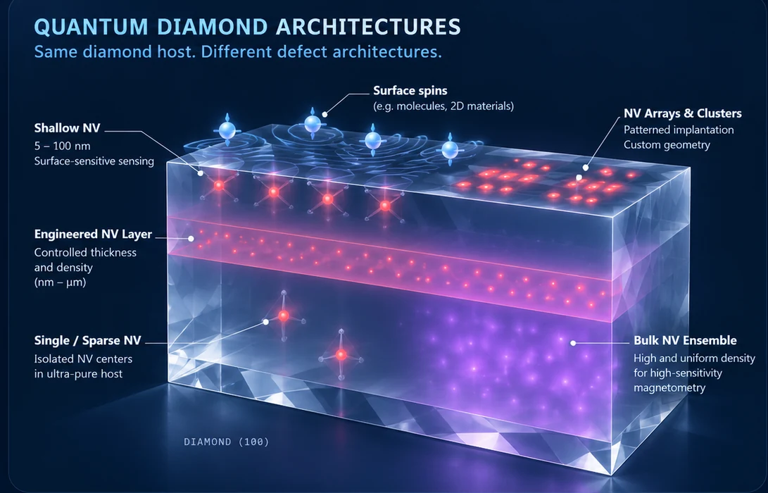 Quantum diamond material architectures and NV center engineering