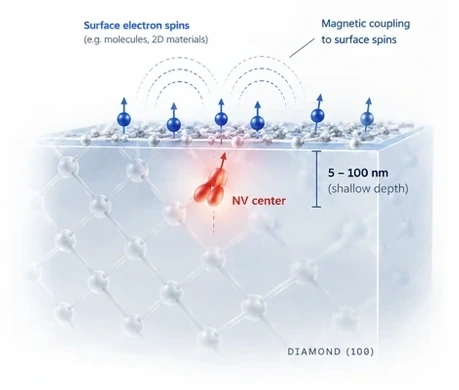 Shallow NV center coupled to spins at the diamond surface