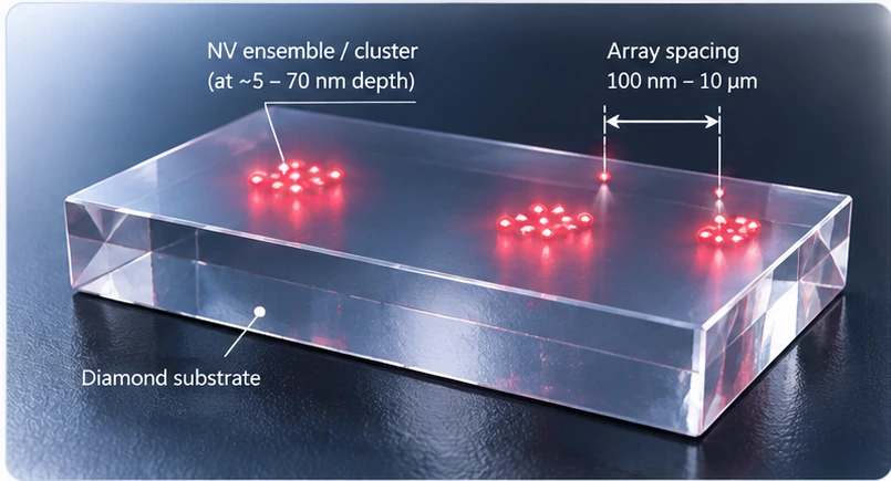 Three-dimensional shallow NV ensemble array and cluster in diamond with 5–70 nm depth; cluster inter-NV distance 20–500 nm
