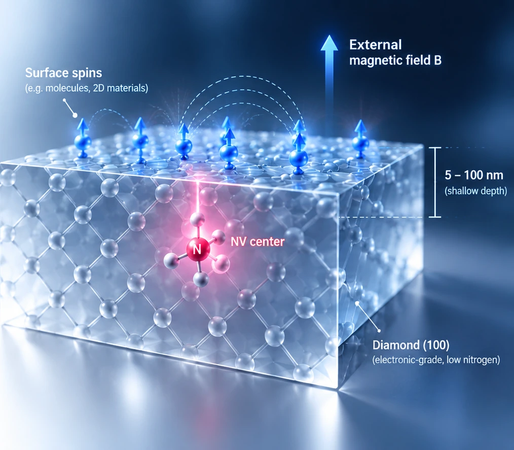 3D shallow NV diamond showing surface spins, magnetic coupling, a near-surface NV center and 5–100 nm engineered depth